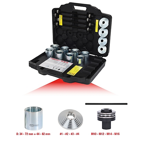 Werkzeugkasten mit verschiedenen Werkzeugen, darunter Hülsen, Scheiben und ein Schraubstock.